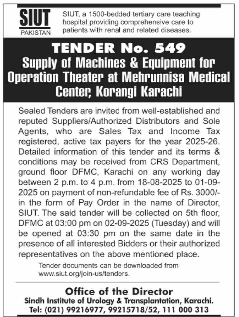 SIUT Karachi Tender Notice
